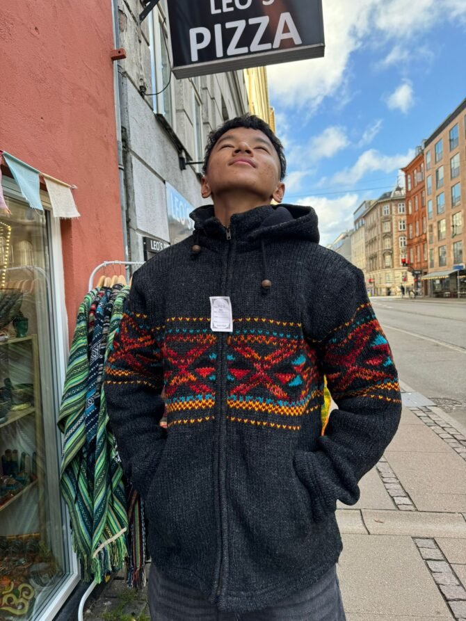 Handmade Woolen Jacket with Vibrant Tribal Pattern – Nepali Artisan Hoodie - Image 3
